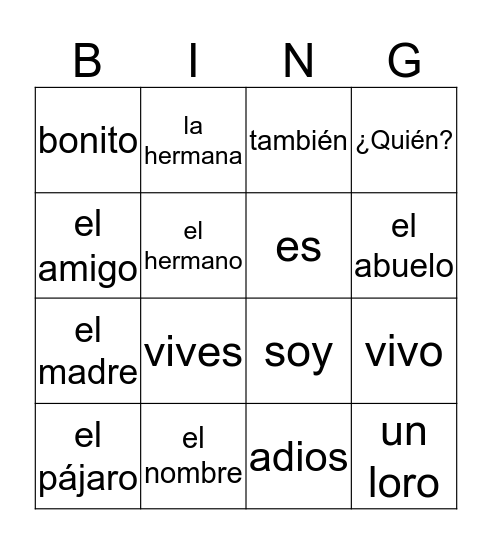 Bingo en Español Bingo Card
