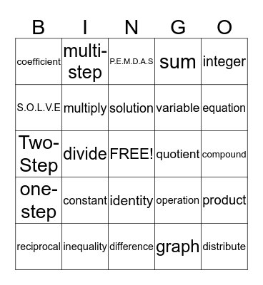 Algebra Bingo Card