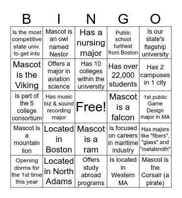 Massachusetts State College & University BINGO! Bingo Card