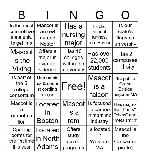 Massachusetts State College & University BINGO! Bingo Card