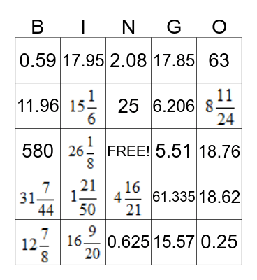 Fraction & Decimal Operations Bingo Card
