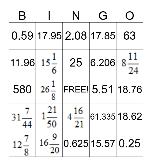 Fraction & Decimal Operations Bingo Card