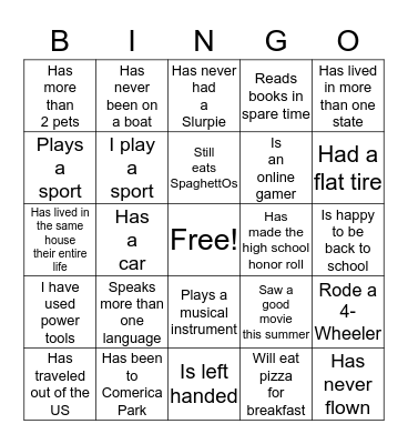 Things about Me  -  -  - BINGO Card