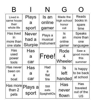 Things about Me  -  -  - BINGO Card