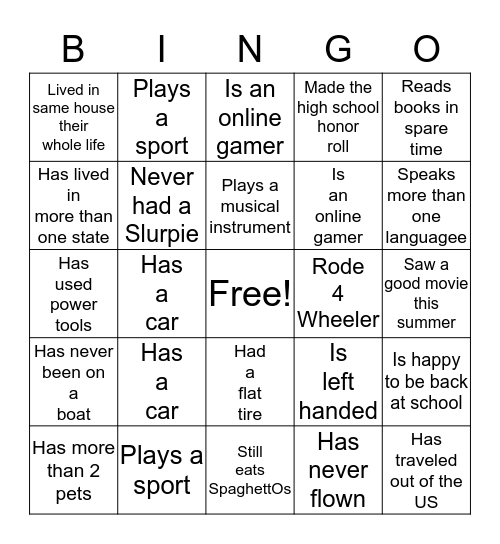 Things about Me  -  -  - BINGO Card