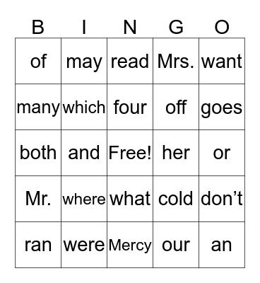 Cal’s Sight Words Bingo Card