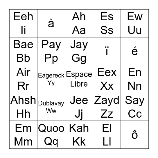 L'Alphabet Français Bingo Card