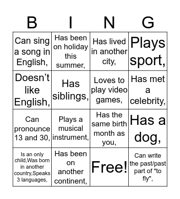 Back to school bingo Card