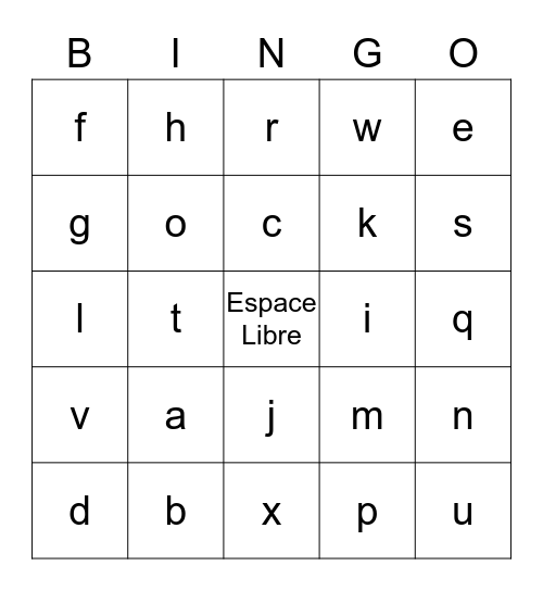 L´Alphabet Francais Bingo Card