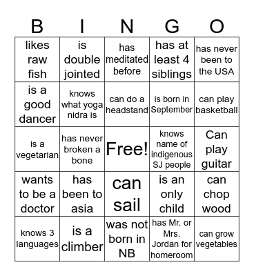 Yoga Bingo Card