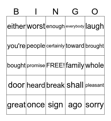 Vocabulary Bingo Card