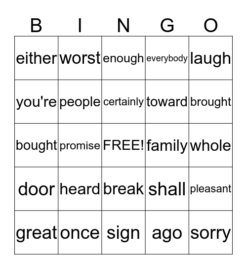 Vocabulary Bingo Card