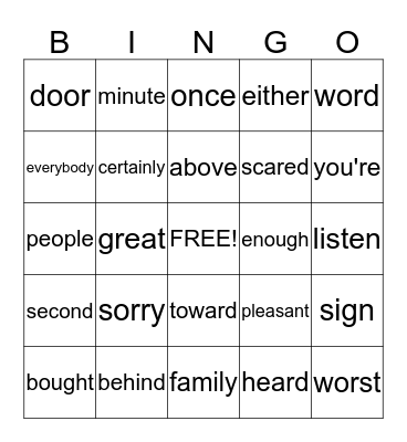 Vocabulary Bingo Card