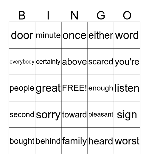 Vocabulary Bingo Card