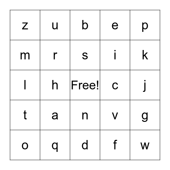 alphabet francais Bingo Card