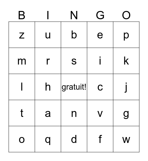 alphabet francais Bingo Card