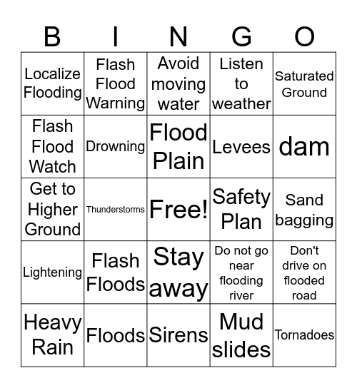 Flooding Safety Bingo Card