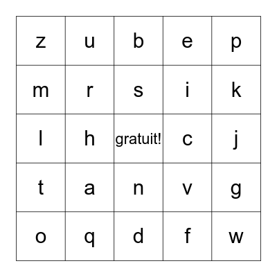 alphabet francais Bingo Card