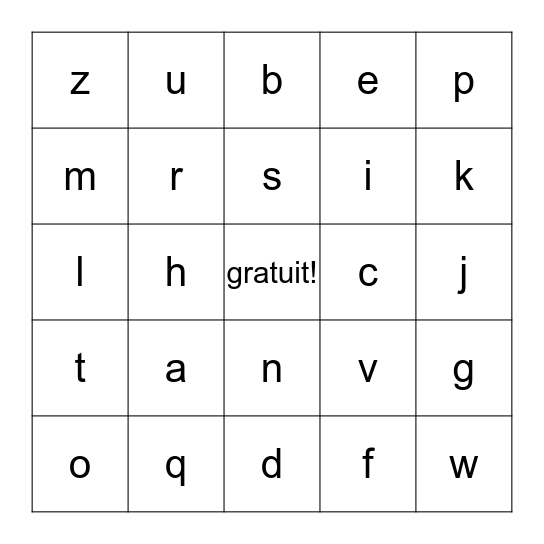 alphabet francais Bingo Card