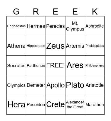 Ancient Greece Bingo Card