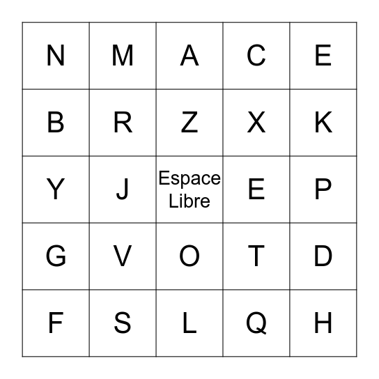 L' Alphabet Francais  Bingo Card