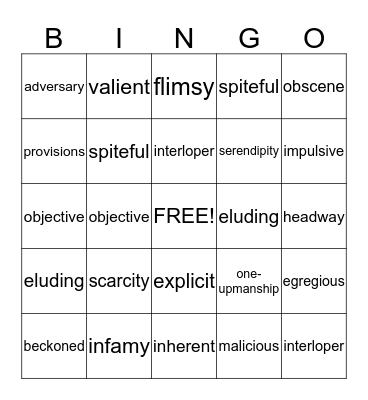 Vocabulary Bingo Card