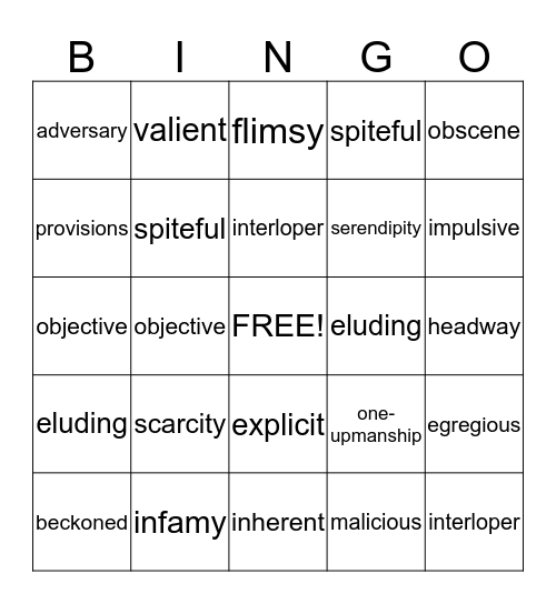 Vocabulary Bingo Card