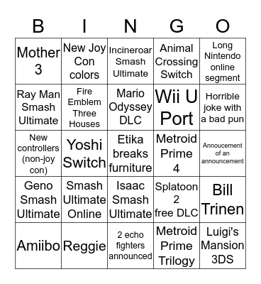 Nintendo Direct 2018-09-06 Bingo Card