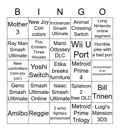 Nintendo Direct 2018-09-06 Bingo Card