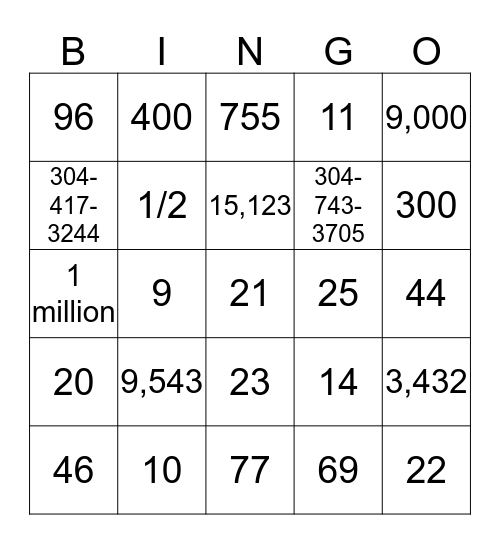 Numbers Bingo Card