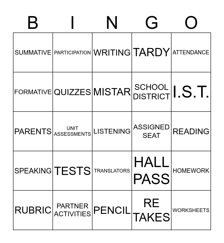 Spanish Class Bingo Card