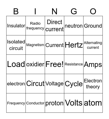 Electricity Bingo Card