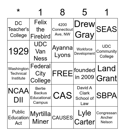 University of the District of Columbia Bingo Card