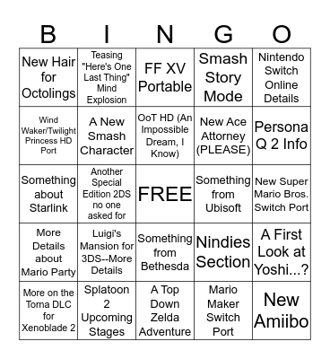 Nintendo Direct Bingo  Bingo Card