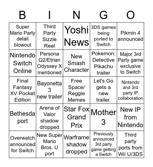 Nintendo Direct Bingo 9/6 Bingo Card