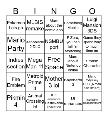 Nintendo Direct Bingo  Bingo Card