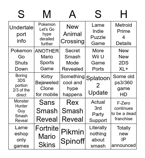 Smash Direct 9/6/18 Bingo Card