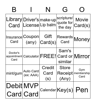 What's in your wallet? Bingo Card