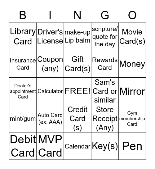 What's in your wallet? Bingo Card