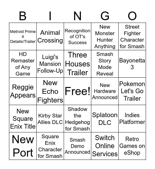 Nintendo Direct 9/6/18 Bingo Card Bingo Card