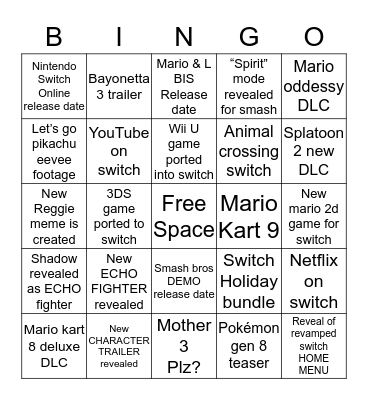 Nintendo Direct Bingo  Bingo Card