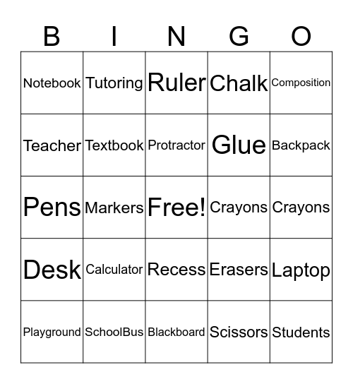 Back to School Bingo Card