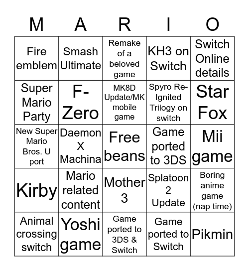Nintendo direct 9/6/18 Bingo Card