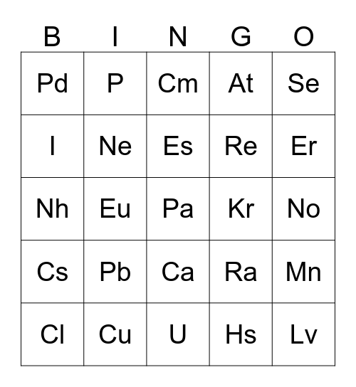 Elemental Bingo Card
