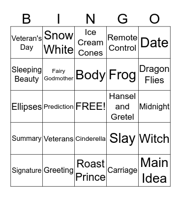The Frog Prince Continued/Veteran's Day Bingo Card