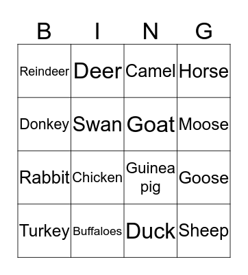 Animal Bingo Card