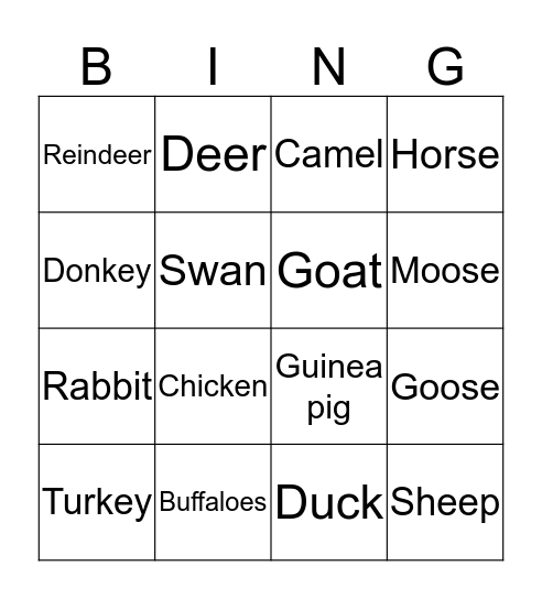 Animal Bingo Card