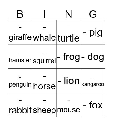 Animal Bingo Card