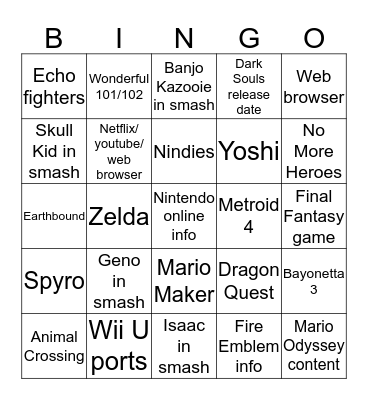 Nintendo Direct September 2018 Bingo Card