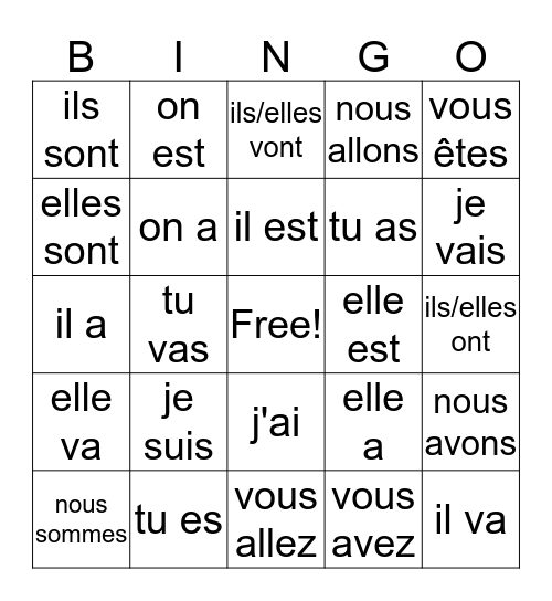 les verbes Bingo Card